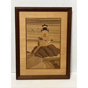 Hudson Valley Inlay Jeff Nelson Marquetry Inlaid Wood Lighthouse Rock 13”x10”